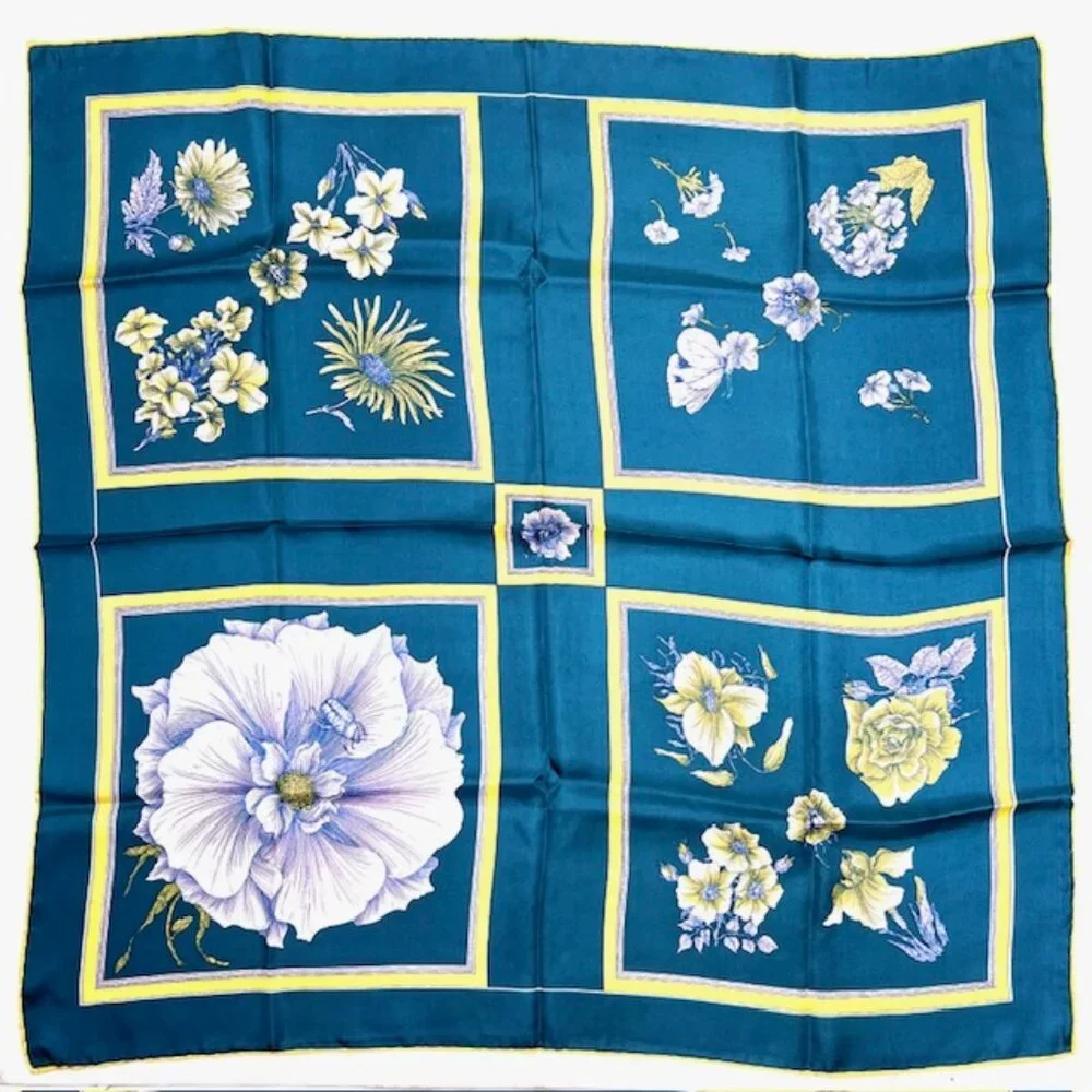 Unused Italy Scarf Franchino Silk Teal Blue Gold Purple Floral 31" x31" (23 - Picture 8 of 10